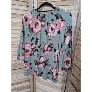Denim & Co. Floral Print 3/4 Bell Sleeve Peasant Top Light Pink & Green  Large